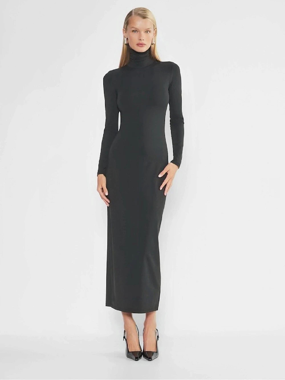 Aritzia Contour Long Sleeve Turtleneck Maxi Dress in Black  Double-layer fabric